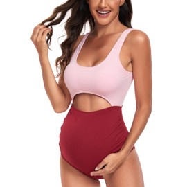 EastElegant Maternity Cutout One Piece Swimwear Ploka Dots Print Pregnancy Bathing Suit, Pink+red, XX-Large