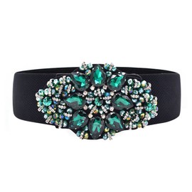 Women Girls Fashion Big Rhinestone Studded Buckle Adjustable Elastic Wide Waist Belt (one size, green)