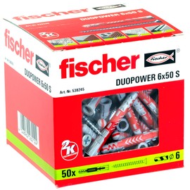 Fischer Duopower 6 x 50 S, Universal Dowels with Safety Screw, 2-Component Dowels, Plastic Dowels for Mounting in Concrete, Bricks, Stone, Plasterboard and much more, 50 Dowels + 50 Screws