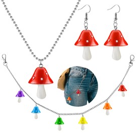 Kenning 3 Pieces Mushroom Pants Chain Dangling Earrings Necklace Set Mushroom Pendant Keychain Drop Dangle Earrings Necklace for Women Jewelry Accessories