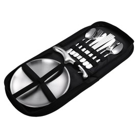 KERMANDO Stainless Steel Outdoor Camping Mess Kits - Includes Forks, Spoons, Knives, Chopsticks, Food Clip, Plates - Portable Cutlery Bag