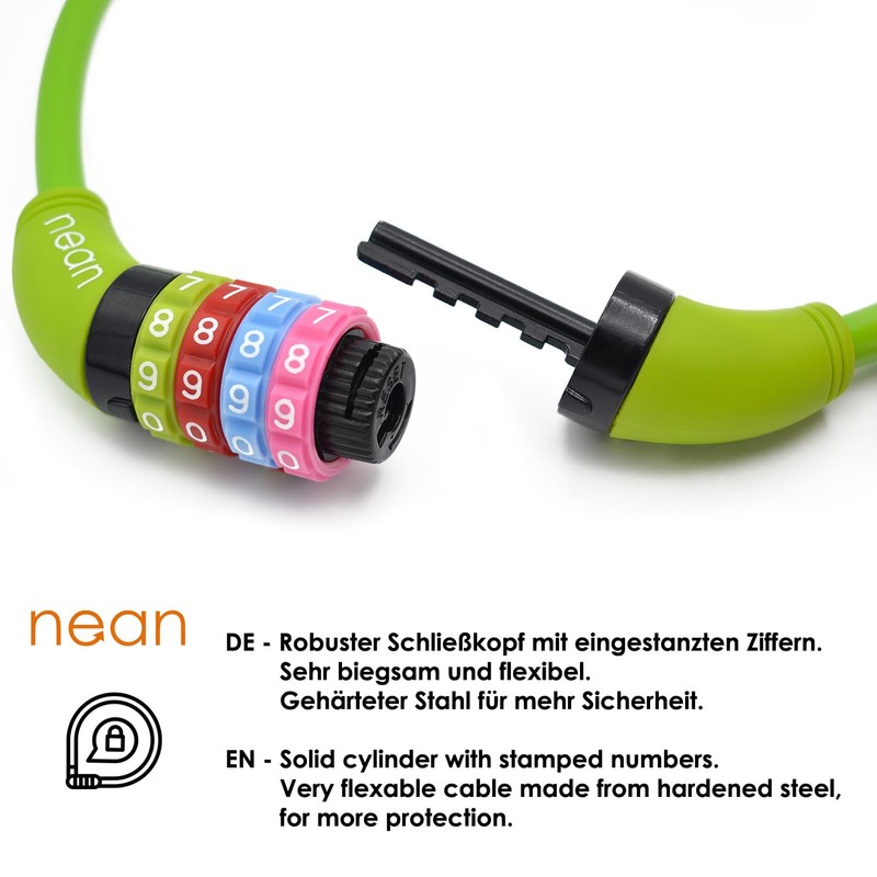 Nean children's-bicycle-cable-lock, number code combination lock in colourful design, 10