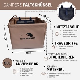 CAMPERZ Folding Bowl for Fishing Sports Made of Durable Environmentally Friendly Tarpaulin Fabric - Space-Saving Washing Up Bowl for Fishing 20 Litres (Brown, 20 Litres)