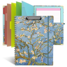 Foldable Clipboard Folio with Storage, 5 Plastic Folders with 10 Pockets,Refillable Lined Notepad (11" x 8.5"), Hardcover Project Organizer Nursing Teacher School Essentials(Almond Tree)