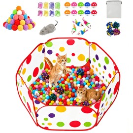 GSPIM Cat Ball Pit with 227 Pcs Interactive Cat Toys, Enrichment Toys for Bored Indoor Cats Self Play, Include Pom Pom Balls Jingle and Crinkle Balls, Springs and Mice Toy for Kitten Fun and Exercise