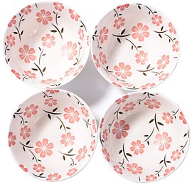 Whitenesser Japanese Ceramic Rice & Sushi Bowls Set – 4 Pack White Cherry Blossom Design, Microwave & Dishwasher-Safe, Elegant Dinnerware for Home, Restaurants