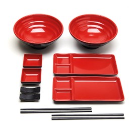 GOLIBER 10 Piece Japanese Style Dinnerware Set - Includes 2 Sushi Plates, 2 Ramen Bowls, 2 Sauce Dishes, 2 Pairs of Chopsticks, 2 Chopsticks Holders (Red)