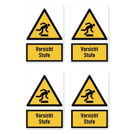 Stickers: 112.5 x 75 mm, Pack of 4 – Caution Level – Warning Sign with Text (German) (Yellow/Black) – Vertical – W007 – DIN EN ISO 7010 / ASR A1.3