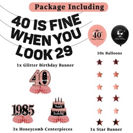 Roetyce 40th Birthday Decorations Women, Rose Gold 40 Is Fine When You Look 29 Banner Balloons Honeycomb Centerpieces Kit, Pink 40th Birthday Party Supplies for Her, 1985 Photo Backdrop Background