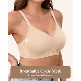 ZEBELL M-5XL Wireless Bras for Women No Underwire, Plus Size V Lace Comfortable Bralette with Support, Full Coverage T-Shirt Bra Skin