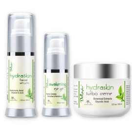 Deluvia HydraSkin Awakening System,Skin Care Set, Eye Gel, Facial Serum, Night Cream with Botanical Hyaluronic Acid, AHA, Vitamin C Serum, Organic Aloe Vera, Vitamin E and Essential Oils.