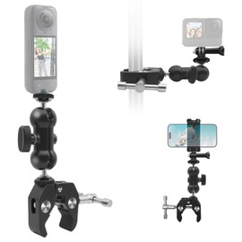 Metal Super Clamp 360° Dual Ballhead Magic Arm Compatible with Insta360 X5 Heavy-Duty Adjustable Holder Compatible with GoPro, Osmo Pocket 3 Phone, Motorcycle Bicycle Handlebar Vlogging Studio
