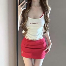 Women's Elegant Vintage Red Plaid Two-Piece Bikini with Skirt Set Bikini - White Vest - Skirt 4-Piece Set - S 2ea