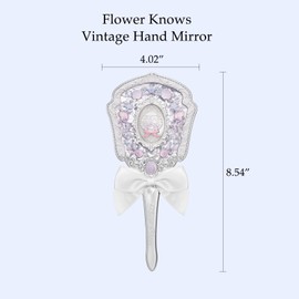 Flower Knows Shell's Jewel Hand Mirror,Vintage Portable Handheld Mirror,Fancy & Pretty Princess Mirror with Long Handle,Gift for Girls(Pearly White)