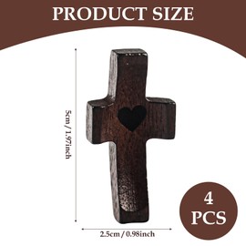 TIVUNORON Pack of 4 Small Wooden Cross, Hand Carved Love Cross Made of Wood with Hearts, Cross My Heart Thumb Cross for Prayer, Encouragement Gift for Devotional Prayers, Christening, Communion