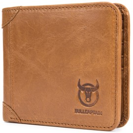 BULLCAPTAIN Men's Genuine Leather RFID Trifold Wallet with 2 ID Window Credit Card Holders Wallets, yellow brown, Casual Fashion
