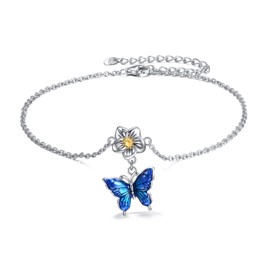 YAFEINI Butterfly Ankle Bracelets Gifts for Women Sterling Silver Daisy Flower Butterfly Link Chain Anklets Adjustable Anklet