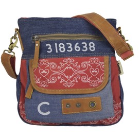 Sunsa Women's Shoulder Bag. Sustainable Handbag Made of Recycled Jeans Canvas & Leather Crossover Bag in Vintage Style. Blue/Red Women's Bag. Gift Idea for Women, jeans colour, Retro