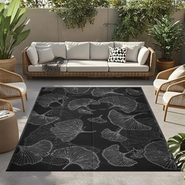 Pcinfuns Outdoor Patio Rugs 4'x'6 Waterproof, Reversible Plastic Straw Camping Rug Carpet, Large Area Rugs Mats for Rv, Deck, Porch, Picnic, Beach, Balcony, Black & Grey