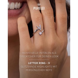 Purelei® Letter Ring - Women's Ring Made of Durable Stainless Steel - Waterproof Rings - Adjustable Rings from Size 50 to 60 - Fashion Jewellery for Your Individual Look, Gemstone, Cubic Zirconia