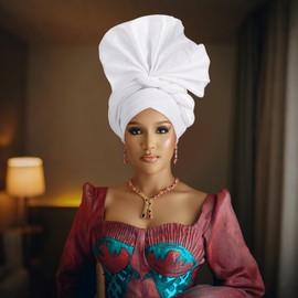 Auto Gele African Head Tie of Nigeria ASO Oke Headwraps Hat Turban Wedding Party Handmade Elegant Hair Wear Cap for Women (US, Alpha, One Size, Large, White)