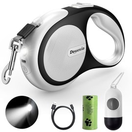 Retractable Dog Leash with LED Flashlight, Douexio Upgrade 3 in 1 Dog Leash Retractable for Small Medium Dogs Up to 66 lbs, Anti-Slip Handle (White)