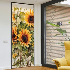 funlife Peel and Stick Door Mural w/Scraper and Utility Knife, Self-Adhesive Door Sticker, Faux Leather Textured Vinyl Wallpaper for Bedroom Living Room Home Decor, 29.92" x78.74" Vintage Sunflower