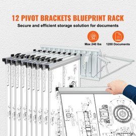 Happybuy Wall Mount Blueprint Storage Rack – Holds up to 1200 Blueprints,Hanging Blueprint Holder with 12 Pivot Brackets, for 24", 30", 36", or 42" Clamps(Rack Only Without Clamps)- Heavy Duty(240lbs)