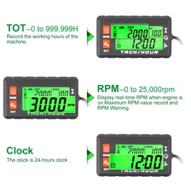 Yooreal Digital Hours Meter Tachometer,with Clips Backlight,Waterproof for Lawn Mower Log Splitter Generator Compressor Motorcycle Marine Jet Ski Snowblower