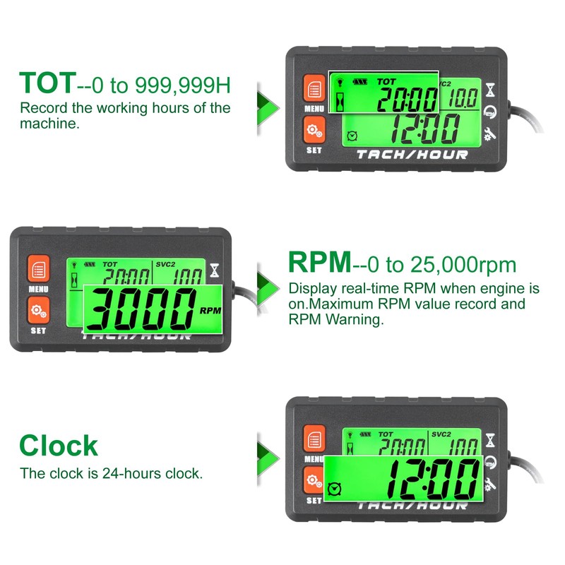 Yooreal Digital Hours Meter Tachometer,with Clips Backlight,Waterproof for Lawn Mower