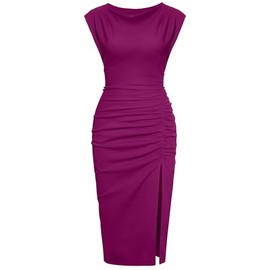 IHOT Midi Dresses for Women 2024 Elegant Semi Formal Ruched Bodycon Wedding Guest Cocktail Graduation Party Dress Purple S