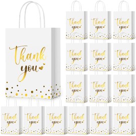 PerKoop 60 Pcs Thank You Gift Bags Bulk Paper Gold Thank You Wedding Bags with Handle for Business, Shopping, Wedding, Baby Shower, Party Favors (White)