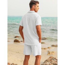 LecGee Men 2 Piece Vacation Outfit Matching Shirt And Shorts Set Beach Linen Outfits For Vacation