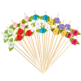 100 Counts Rose Flower Cocktail Picks 4.7 Inch Multicolor Cute Bamboo Toothpicks for Appetizers Fruit Skewers Drinks Bridal Shower Wedding Valentines Party