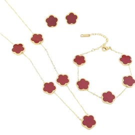 OSIRIDEH2 Clover Jewelry Set 18K Gold Plated Stainless Steel Necklace with Flower Design Four leaf clover for Women, Elegant Four Leaf Clover Necklace Floral Style Jewelry (Set Red 3pcs)