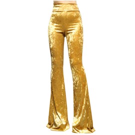ShopMyTrend SMT Women's High Waist Wide Leg Long Bell Bottom Yoga Pants Large Velvet Gold