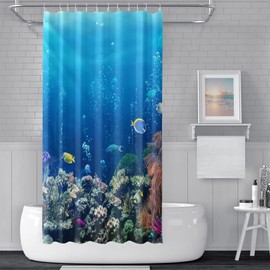 SDOTPMT 180x180cm Ocean Tropical Fish Shower Curtain Underwater Sea Animal Coral Reef Bath Curtain Summer Blue Ocean Bathtub Curtain for Kids Bathroom Fabric Polyester Waterproof with Hooks