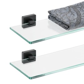 JQK Bathroom Glass Shelf Black, Tempered Glass Shower Storage 16 by 5 inches, 304 Stainless Steel Matte Black Wall Mount 2 Pack, TGS201L16-PB-P2