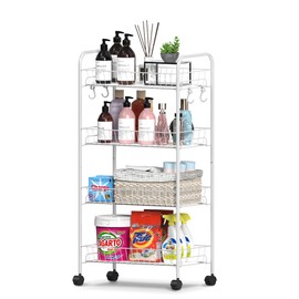 Mythinglogic 4 Tier Rolling Cart with 360° Wheels, Snack Cart, Removable Wire Baskets, Metal Utility Storage Rack for Kitchen, Bathroom, Laundry Room, Office (White)