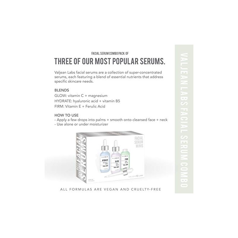 Valjean Labs Facial Serum, Combo Pack of Hydrate, Glow, and