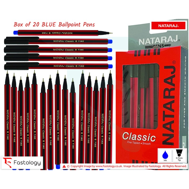 NATARAJ 20 x 0.7mm Fine Tipped Classic BLACK Ballpoint Pens