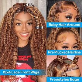 HUIWANYAN Highlight Deep Wave Curly Wig Human Hair 14 Inch 4/27 Ombre Curly Bob Wig Human Hair Glueless 13x4 HD Honey Blonde Lace Front Wigs Human Hair Pre Plucked 180% Density Wigs For Black Women
