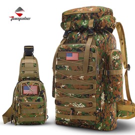 Jumahe Tactical Backpack for Men with Tactical Sling Bag Hiking Day Pack Molle Military Rucksack Waterproof 75L with USA Flag with small Crossbody Chest Pack anything  backpack Large Water-Resistant Travel Backpack - Color: Black