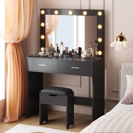 Acurax Vanity Desk with Mirror, 11 Adjustable LED Lights in 3 Colors, 2 Spacious Drawers, Soft-Padded Storage Stool, Brightness Control, Ideal for Bedroom, Black