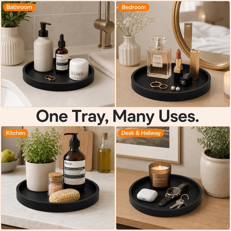 Rayakt 18cm Black Round Tray Decorative for Home Office