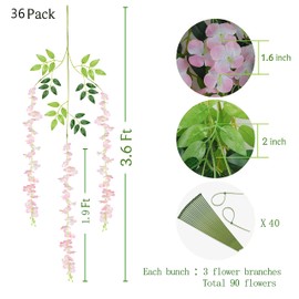 BLEUM CADE 36Pcs Pink Fake Wisteria Hanging Flowers, 3.6Ft/Pcs Artificial Wisteria Garland, Hanging Flowers for Wedding Party Home Backdrop Wall Decoration