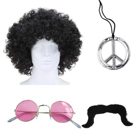 4Pcs Hippie Costume Men Accessories Peace Medallion Fancy Dress Funky Afro Fancy Dress Wig Peace Sunglasses Moustache Peace Sign Necklace 70S Fancy Dress Accessories for Men Boys 50/60/70S Theme Party