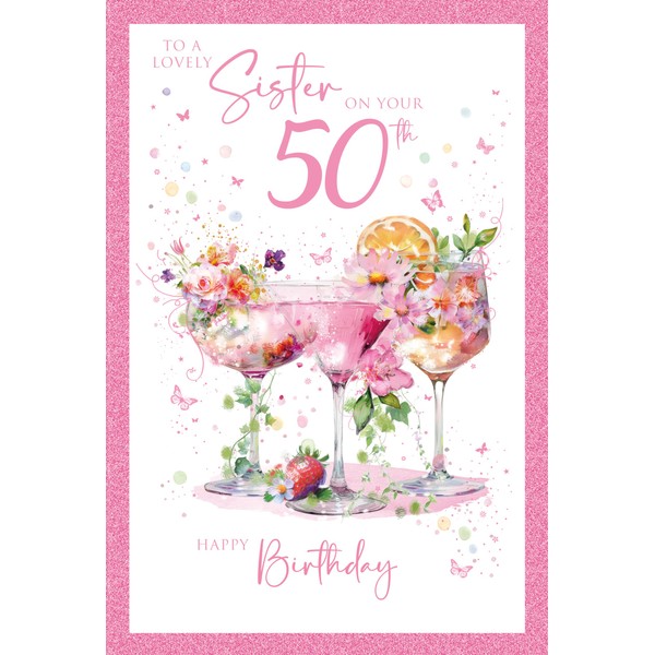 Cherry Orchard Luxury Sister 50th Birthday Card, Charming Cocktail design