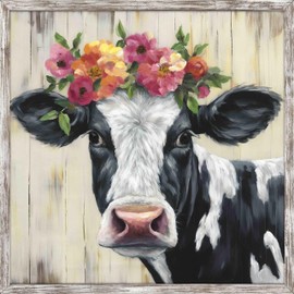 Farmhouse Cow Wood Wall Art: Rustic Framed Prints Country Cow and Flowers Picture Farm Animal Painting for Living Room Bedroom
