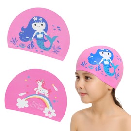 MUNSKT 2 Paar rosafarbene Badekappen für Mädchen, Meerjungfrau- und Einhorn-Motiv, wasserdichte Schwimmkappe aus Stoff, für 2-8 Jahre, weich, elastisch und stylisch für Schwimmbad, Strand
